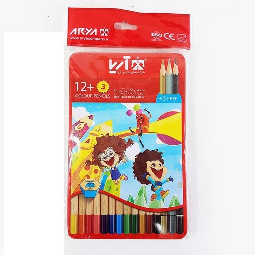 تصویر مداد رنگی 12 رنگ جعبه فلزی آریا کد 3021