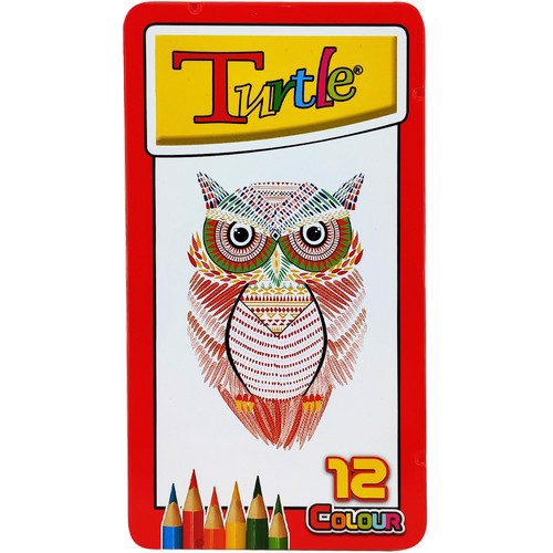 تصویر مداد رنگی 12 رنگ جعبه فلزی لاک پشت